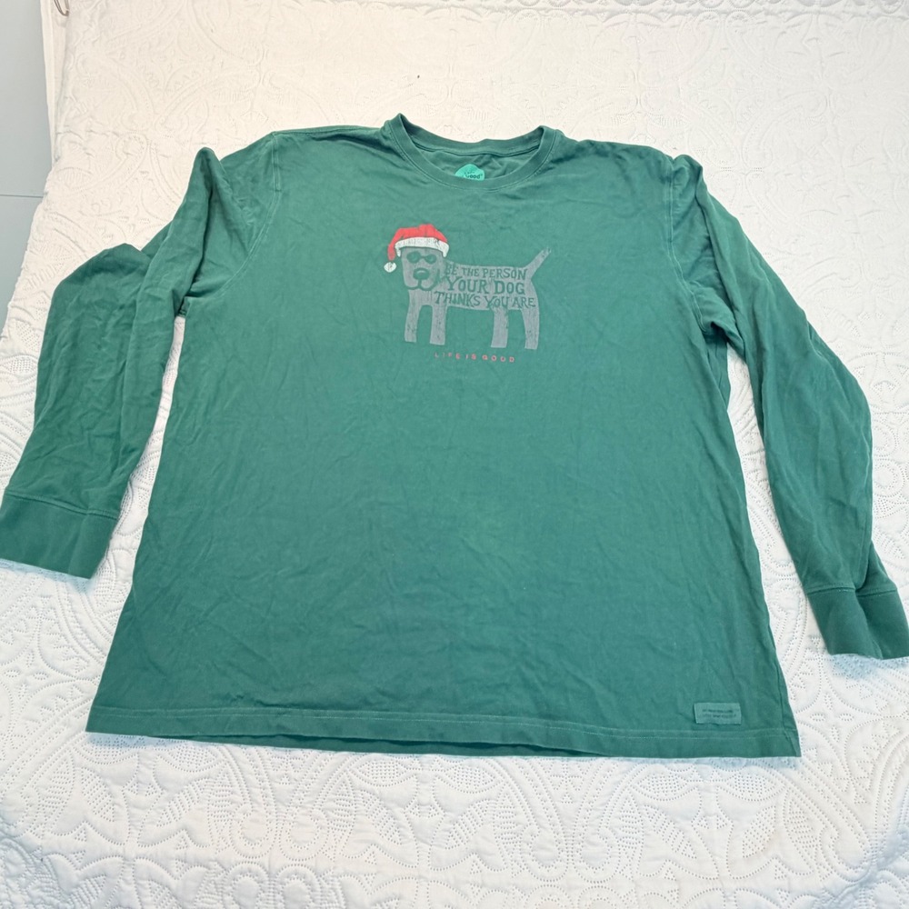 Life is Good Mens XXL‎ Green Long Sleeve Christmas Dog Graphic Tee Shirt Cotton